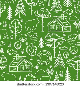 Vector seamless forest pattern. Linear house in the woods, trees and bushes, wild deer, bear, hedgehog. Bright boundless background for your nature design. Green and white.