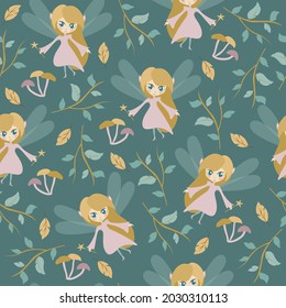 Vector seamless forest pattern with magic fairy in pink dress, leaves, mushrooms and branches isolated on green background. Suitable for textile, fabric, package, packing, wallpaper, cover, wrapping.