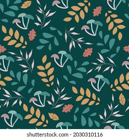 Vector seamless forest pattern with oak leaves, mushrooms, foliage and branches isolated on green background. Suitable for textile, fabric, wallpaper, cover, wrapping paper. Autumn colors.