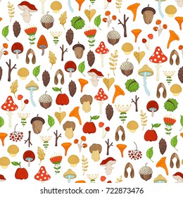 Vector seamless forest pattern. Tree branches, autumn leaves, edible and poisonous mushrooms, fir-cones, maple seeds, apples, rowan berries, flowers, acorns and chestnuts. Cartoon boundless background