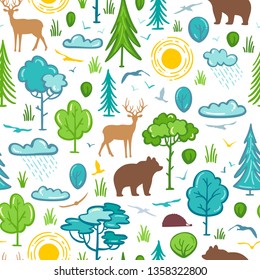 Vector seamless forest pattern. Trees and bushes, sun and clouds, wild animals (deer, bear, hedgehog). Bright boundless background for your summer design.