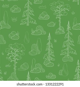 Vector seamless forest pattern. White contours of coniferous trees on a green background. Pines, spruces and cypress, stones and grass. Duotone boundless background.