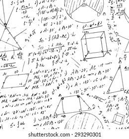 Vector seamless formula blackboard pattern made from hand drawn writings. Retro graphic style useful for scientific, school and education design. 