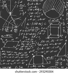 Vector seamless formula blackboard pattern made from hand drawn writings. Retro graphic style useful for scientific, school and education design. 
