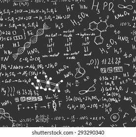 Vector seamless formula blackboard pattern made from hand drawn writings. Vintage graphic chemical image useful for scientific, school and education design. 