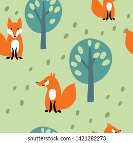vector seamless fox tree forest cute pattern