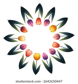 Marco de Vector sin costuras de tulipanes coloridos con pétalos degradados. Aislado sobre fondo blanco. Perfecto para tarjetas florales, invitaciones de temporada, diseños de boda y embalaje. Ilustración botánica plana 