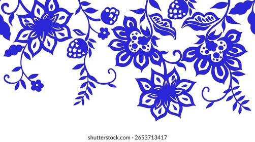 Vector seamless frame with oriental ornaments. Blue frame with flowers.