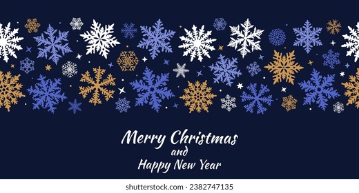 Vector seamless frame of snowflakes. Design for Christmas and New Year cards and invitations. Winter ornament.