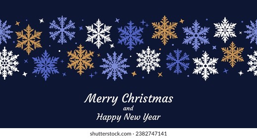 Vector seamless frame of snowflakes. Design for Christmas and New Year cards and invitations. Winter ornament.
