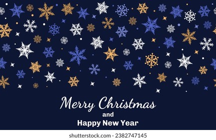 Vector seamless frame of snowflakes. Design for Christmas and New Year cards and invitations. Winter ornament.