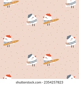 Vector seamless french pattern with cute birds and pastries on a pink background. 