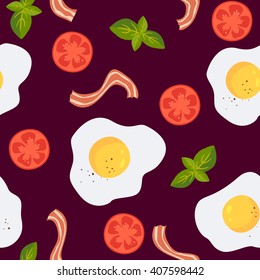 vector seamless fried eggs with bacon tomatoes and basil pattern
