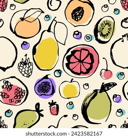 Fondo de fruto sin fisuras vectorial. patrón de alimentos abstractos sin fisuras. Papel fresco con manzana, pera, frambuesa, melocotón, higos. Ilustración vectorial de productos vegetarianos