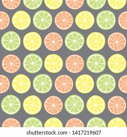 vector seamless fruit citrus summer pattern with lemon, orange, grapefruit, pomelo, lime slices