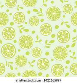 vector seamless fruit citrus summer pattern with lime slices, leaves and branches