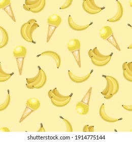 Vector de fondo para niños de frutas sin fisuras. Resumen de patrones geométricos con bananas y helados amarillos en cono de gofre. Impresión de tela textil.