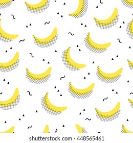 Vector seamless fruit kids background. Abstract geometric pattern with bananas and triangles. Textile fabric print.