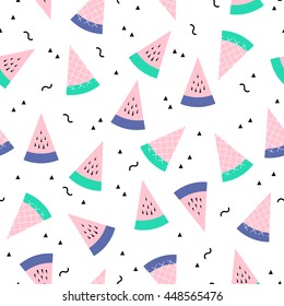 Vector seamless fruit kids background. Abstract geometric pattern with slice of watermelon and triangles. Textile fabric print.