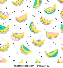 Vektornahtlose Fruchtkinderhintergrund. Abstraktes Muster mit Bananen und geometrischen Formen. Stoffdruck aus Spinnstoffen.