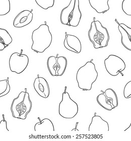 Vector seamless  fruit  pattern. Apples, pears, plums, quinces isolated in white background.