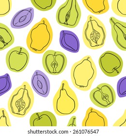 Vector seamless  fruit  pattern. Apples, pears, plums, quinces isolated in white background.