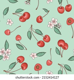 Vector seamless fruit pattern. Blooming cherry repeat food design. Fruit fabric design on mint color background in hand-drawn style.
