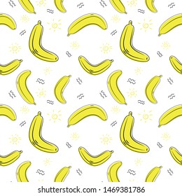 Vector seamless fruit pattern cartoon hand drawn Yellow Bananas on white background illustration