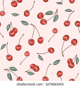 Vector seamless fruit pattern. Cherry repeat food background. Fruit fabric design in hand-drawn style.