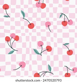 Vector seamless fruit pattern. Cherry repeat food background on checkered pink background. Fruit fabric design in hand-drawn y2k style.Vintage print for fabrics, wallpaper or wrapping paper.