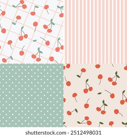 Vector seamless fruit pattern collection. Simple cherry illustration on line checkered background, polka dots and striped patterns. Repeat food print design for kitchen decor  and tablecloths.