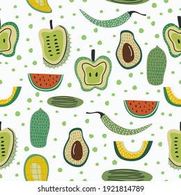 Vector seamless fruit pattern. Different fresh tropical fruit includes watermelon, apple, avocado, cucumber, papaya, mango, soursop, pomegranate isolated on white background. Vector illustration