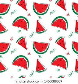 Vector seamless fruit pattern with hand drawn cute fresh Watermelon and half watermelon on white background