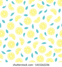 vector seamless fruit pattern with lemons, lemon slices and leaves. Fruit summer texture