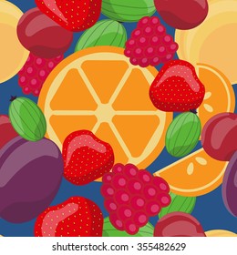 Vector seamless fruit pattern, Oranges, gooseberries, strawberries, plums, cherries, raspberries, apricots. Design for textile, fabric, greeting card, wrapping, menu, background