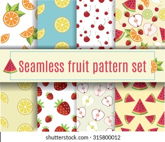 Vector seamless fruit pattern set. Vector 10 eps file. Repeating fruit pattern. Watermelon, lemon, orange, cherry, apple, strawberry. Package, website design.