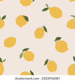 Vector seamless fruit pattern. Simple lemon repeat food background. Fruit fabric design in hand-drawn style. Yellow lemons isolated on light beige background