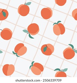 Vector seamless fruit pattern. Simple peach repeat print on line checkered background. Fruit fabric design in hand-drawn style. Orange peach isolated on light geometrical background