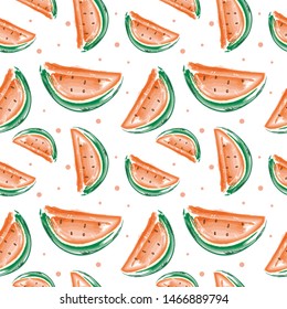 Vector seamless fruit pattern watercolor drawn cartoon fresh colorful Watermelon on white background