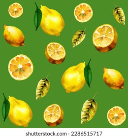 Vector seamless fruit pattern with watercolor citrus lemons and leaves on a green  background