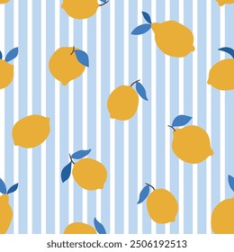 Vector seamless fruit pattern. Yellow lemons isolated on striped light blue background. Simple sea lemon repeat food background. Fruit fabric design in hand-drawn style. 