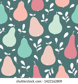 vector seamless fruit summer pattern with cute cartoon pears, branches and leaves. Fruit seamless background