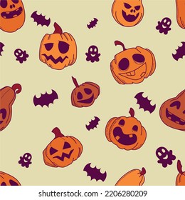 Vector seamless full-color pattern with fun stylized Halloween pumpkins Bright pattern for your Halloween 