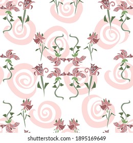Vector seamless fun floral and swirly pattern of pink flowers on a white background
