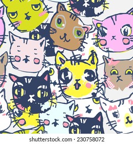 vector seamless funny background with kittens in cartoon style