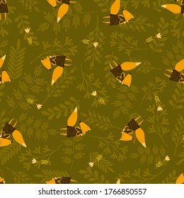 Vector seamless funny foxes pattern with floral elements. Illustration with cute cartoon animals, leaves, branches, flowers. For fabric, wrapping paper, backgrounds, packaging.