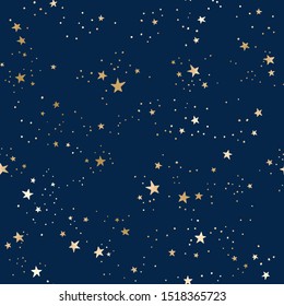 Vector Seamless Galaxy Blue Pattern With Gold Constellations And Stars. Golden Space Background
