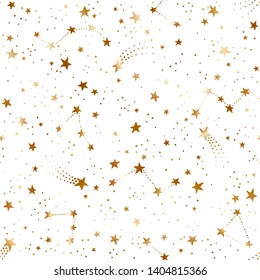 Vector seamless galaxy pattern with gold comets, constellations and stars. Golden space on white background 