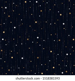 Vector Seamless Galaxy Pattern With Gold And White Star Rain. Golden Space On Dark Blue Background