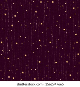 Vector seamless galaxy pattern with gold star rain. Golden space on purple background